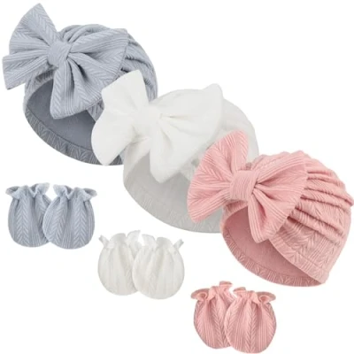 Image of DRESHOW Newborn Baby Hats Mittens Set Hospital Hat Beanie Infant Bow Cotton Gloves No Scratch for 0 6 Months