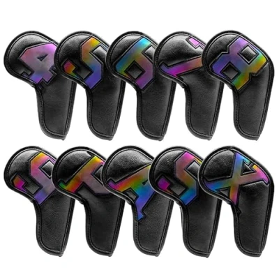 Image of Golf Iron Covers 10pcs,Golf Head Leather Set Colorful Headcovers,Golf Club for with Magic Tape Fit Titleist,Callaway (Black Dazzle(10 pcs/set))