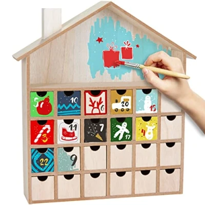 Image of BRUBAKER Reusable Advent Calendar to Fill with 24 Drawers DIY Christmas Paint, Craft and Design Yourself Blank House 13.1 Inches Height