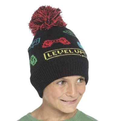 Image of A2Z 4 Kids Boys Hat Game Jacquard Bobble Pom Beanie Lightweight KH1068 Black One Size