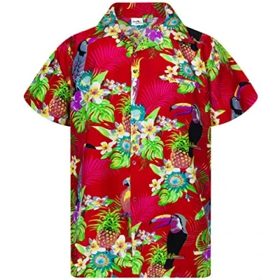 Image of King Kameha Mens Vintage Hawaiian Shirt Casual Short Sleeve Button Down Bird Designs, Parrot Cockatoo, Red, 4XL