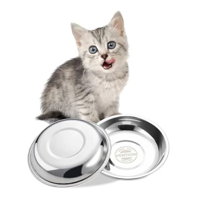 Image of VENTION Stainless Steel Whisker Relief Cat Food Bowl, Shallow Metal Bowls Set, 7 56 Oz Replacement Pet Feeding Dishes for Raised/Elevated Stands, Work Dog Plate, Dishwasher Safe