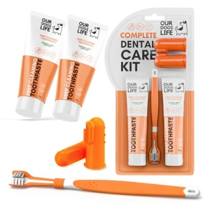 Image of Dog Toothbrush with Toothpaste Approved Dental Kit One Triple Headed Deep Cleaning for Dogs + Two 100% Natural Finger Brushes Freshen Breathe &amp; Remove Plaque