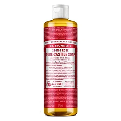 Image of Dr Bronner&#039;s 18 in 1 Rose Pure Castole Liquid Soap, Made with Organic Oils, Used for Face, Body, Hair, Laundry, Pets and Dishes, Certified Fair Trade &amp; Vegan Friendly, 473ml Recycled Bottle