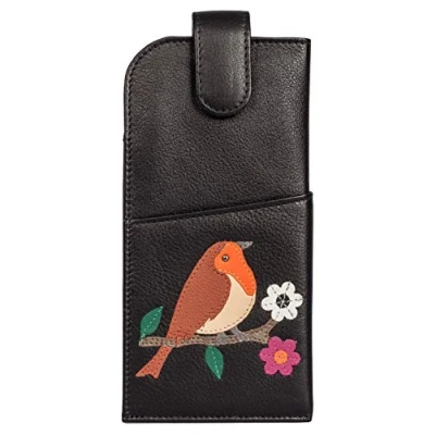 Image of Robin Bird Glasses case by Mala Leather Soft Wide tab top Ladies (Black)