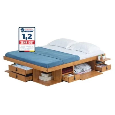Image of Bali Bed with Storage Space, 180 x 200 cm, Oak Solid Wood Box and Lots of Ideal for Small Bedrooms, Including Slatted Frame, Practical, Robust
