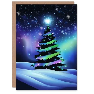 Image of Artery8 Personalised Snow Covered Tree Aurora Borealis For Him Or Her Art Christmas Card
