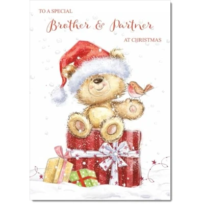 Image of doodlecards Brother and Partner Christmas Card Cute Bear on Parcel Medium Size for &amp; with Plain Envelope