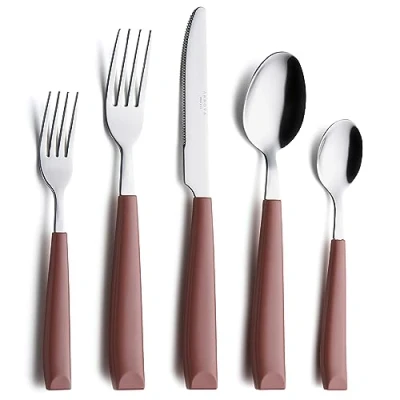 Image of Annova Stainless Steel Cutlery Set with Color Handles Dinner Forks, Salad Table Knives, Tablespoons, Teaspoons Service for 4 (Brown)