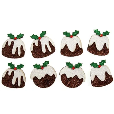 Image of 8 Glitter 3cm Christmas Pudding Self Adhesive Paper Stickers for Papercrafts