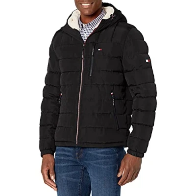 Image of Tommy Hilfiger Men&#039;s Midweight Sherpa Lined Hooded Water Resistant Puffer Jacket, Black Tech, XXL