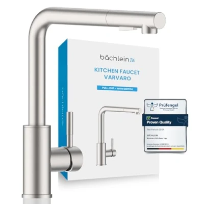 Image of Bächlein Kitchen Faucet 360 Degree Swivel (Brushed Stainless Steel) One Hand Sink Mixer Made of Steel with Extendable Hose and Shower Head Switch, Water Tap for The