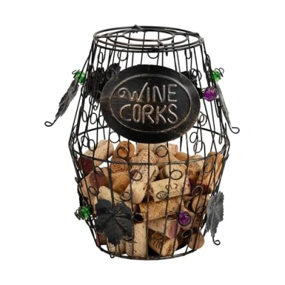 Image of Mind Reader Barrel Metal Wine Cork Holder with Ornaments, Black,Large