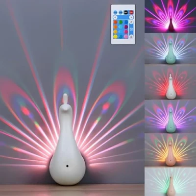 Image of Peacock Wall Light,Peacock Projection Desk Lamp with Remote Control,7 Color Night Lamp,Peacock Led Nightlight,USB Charging Light (Pink)