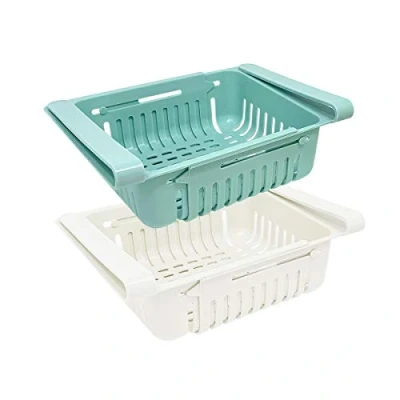 Image of Joejis Set of 2 Fridge Organizer Rack Inserts, Plastic Storage Containers, Retractable Organisers (Blue &amp; White)