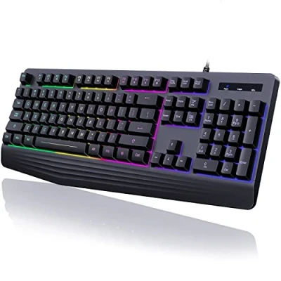 Image of yesbeaut Gaming Keyboard, 7 Color Rainbow LED Backlit, 104 Keys Quiet Light Up Wrist Rest, Multimedia Keys, Whisper Silent, Anti ghosting Waterproof USB Wired Keyboard for PC Mac Xbox