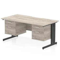 Image of Impulse 1600 x 800mm Scalloped Edge Office Desk Grey Oak Top Black Cable Managed Leg Workstation 2 Drawer Fixed Pedestal