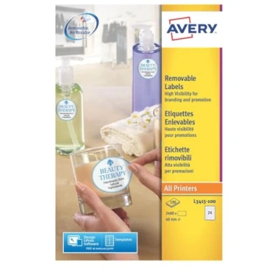 Image of Avery L3415 100 High Visibility Round Labels Reusable for Advertising Stickers e.g. Special Offers, Diameter 40 mm, Sheets