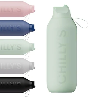Image of Chilly&#039;s Series 2 Flip Water Bottle with Sports Lid, Telescopic Straw and Nylon Carry Loop Easy Cleaning Brush Included 1000ml Lichen Green