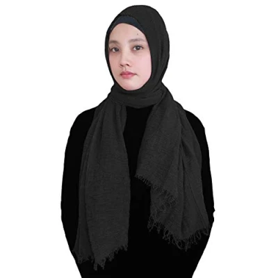 Image of Lina &amp; Lily Plain Colour Crepe Crinkled Scarf Hijab with Frayed Edges (Black)