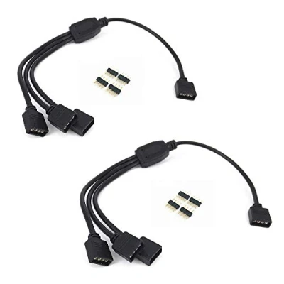 Image of 2 pcs Black 4 Pins LED Splitter Cable Strip Connector 3 Way Y for One to Three RGB 5050 3528 Light Strips with 8X Male Pin Plugs 30cm/12inch Long