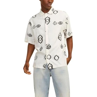 Image of JACK &amp; JONES Men&#039;s Jornoto Linen AOP Shirt Ss Ln Short Sleeved, Buttercream, S