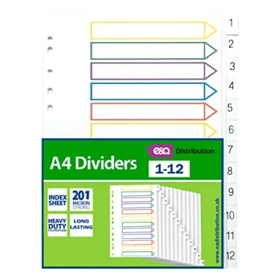 Image of A4 File Dividers Plastic Coloured Tabs Subject Filing Numbered 1 12 (A4 Dividers)