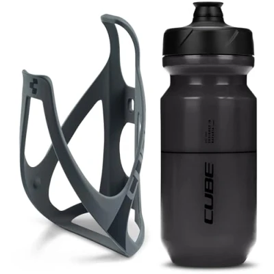 Image of Cube HPP Cage Matt Grey/Black &amp; Icon Bottle Black, 500ml / Water Drink Flask Vessel Bidon Holder Mount Bracket Kit Lightweight Plastic Drinking Hydration Biking Bike Riding Frame Accessories