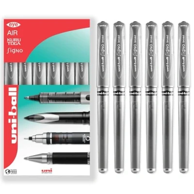 Image of uni ball Signo Pen UM 153 Broad Metallic Gel Ink Rollerball Metal 1.0mm Tip Nib Rubber Grip In Gift Box (Pack of 6, Silver)