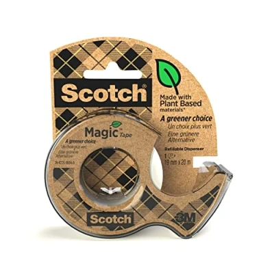 Image of Scotch Magic Handheld Tape Dispenser, Refillable and 100% Recycled. Includes 1 Roll of Invisible A Greener Choice 19mm x 20m Ideal For School, Home Office, White