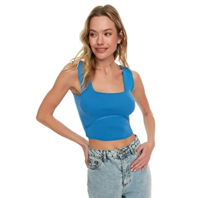 Image of Trendyol Women Regular fit Basic Square Collar Woven Blouse Blue