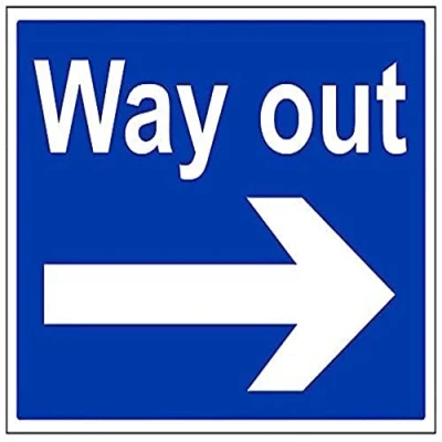 Image of V Safety 43054BF R Way Out, Arrow Right Sign Landscape 400mm x 300mm 1mm Rigid Plastic, Blue