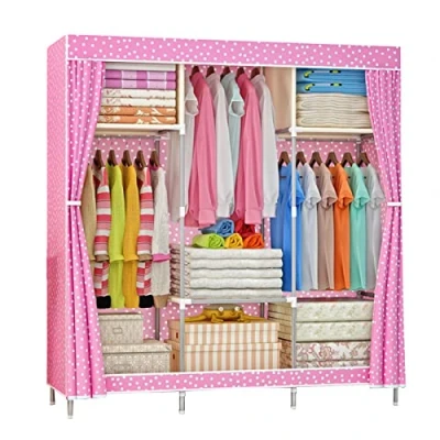 Image of Wardrobe Canvas Fabric Foldable Clothes Closet Storage Organizer With Hanging Rail, Shelves for Bedroom,Pink 105x46x156cm