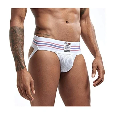 Image of JOCKMAIL Sexy Men Jock Strap Athletic Supporter Thongs and G Strings Wide Belt Underwear Brief 7 Colors M XXL (L, White)