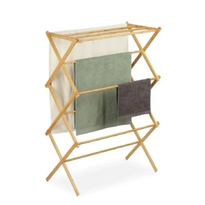 Image of HOMION Clothes Airer 3 Fold Large Foldable Traditional Wooden Folding Concertina Design Wood Free Standing Drying Rack Airier (Bamboo Tier)