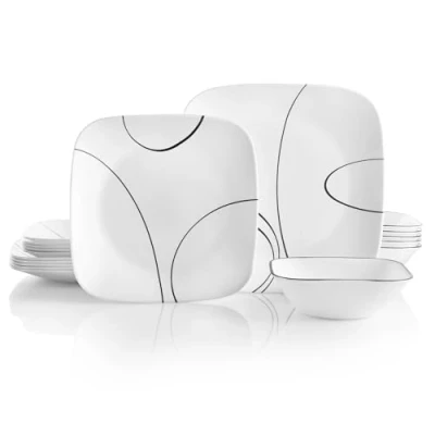 Image of Corelle 18 piece dinner Set, Simple Lines, Black and White for 6, Chip Resistant Dinnerware, includes 26cm square plates, 17cm salad / side plates 530ml soup cereal bowls