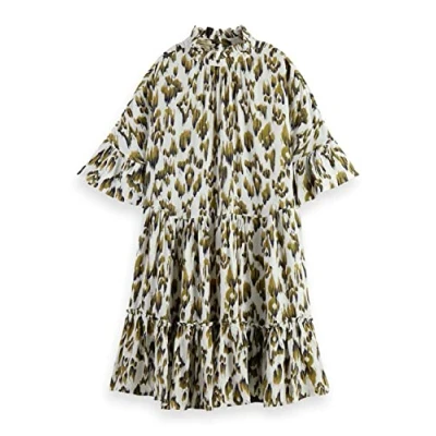 Image of Scotch &amp; Soda Women&#039;s Short Dress with Ruffle Sleeve Detail Casual, Brushed Ikat Army Green 6019, 6