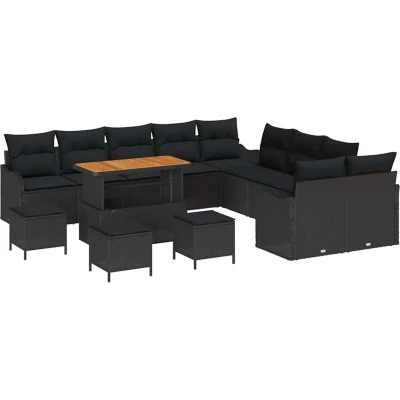Image of vidaXL 14 Piece Garden Sofa Set with Cushions Black Poly Rattan Acacia