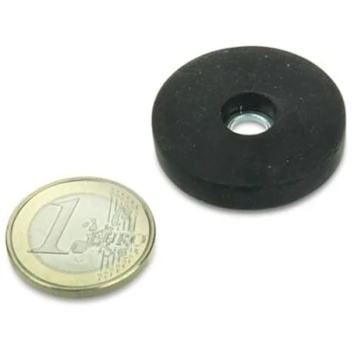 Image of 2 x Neodymium magnet system Ø 31 mm black rubber coated with counterbore hole holds 8,9 kg pieces Flat for screwing