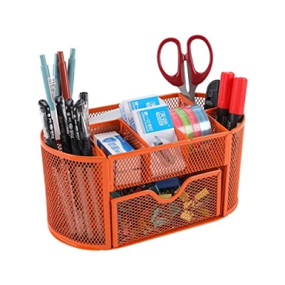 Image of EasyPAG Office Mesh Desk Tidy Versatile Stationery Storage Desktop Organiser Pen Holder with Drawer,Orange