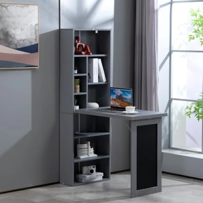 Image of WestWood Pull Down Convertible Computer Work Table Office Desk Foldable Study Blackboard Bookshelf Adjustable Shelves 9 Open Compartments L Shape Storage Shelf Grey