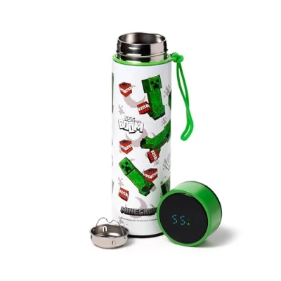 Image of Puckator Minecraft 555 Boom Hot &amp; Cold Digital Thermometer Bottle Stainless Steel Metal Insulated Water Bottles Thermos Flask for Kids Girls Adults Mens Boys Drink and