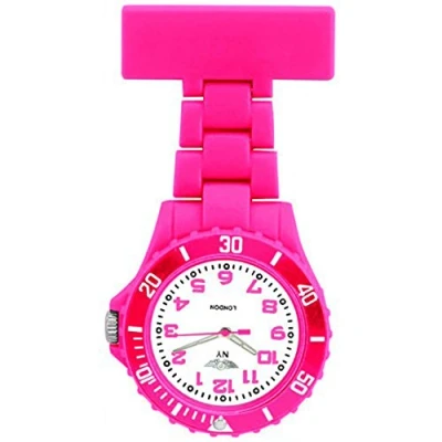 Image of Prince London NY New York Rubberised Plastic Nurses fob Watch with pin Dark Pink White face