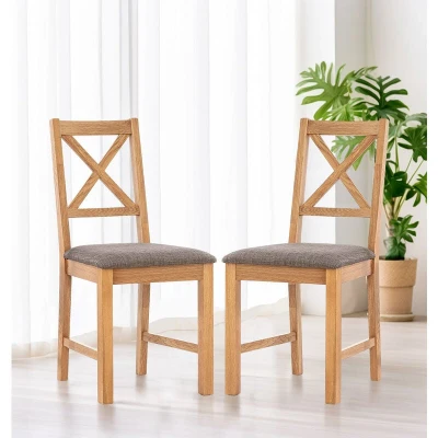 Image of Hallowood Furniture Solid Oak Small Dining Chairs Set of 2 with Linen Fabric Seat Pad, Modern Cross Back Chairs, Kitchen Wooden for Room (Grey)