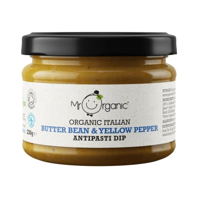 Image of Mr Organic Butter Bean &amp; Yellow Pepper Antipasti Dip Ingredients Delicious Snacking Option Flavourful Vegan Friendly 230g