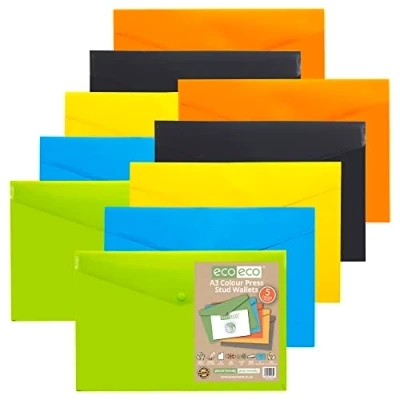 Image of eco A3 50% Recycled Assorted Colours Press Stud Popper Wallet, Plastic Folders (Pack of 10), Green, Black, Blue, Yellow, Orange, eco080x2