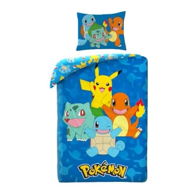 Image of Pokemon Bedding Set with Pikachu, Charmander, Squirrel and Bulbasarre, Duvet Cover 140 x 200 cm + Pillowcase 65 cm, Blue