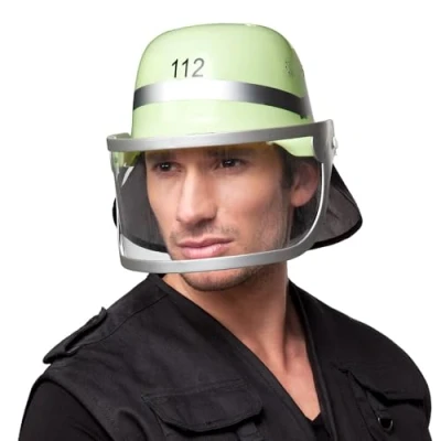 Image of Boland Adult Fireman Helmet With Moveable Visor, Hat, Firefighter Helmet, Fancy Dress Accessory, Headwear, One Size, Yellow and Silver (One Size)