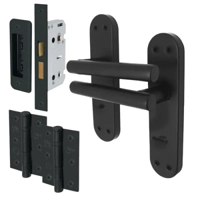 Image of EAI Black BathroomDoor Handle Set 1 Pair of Matt Internal Lever T Bar Handles on Backplate with Hinges (76mm) &amp; Lock (64mm) Oliena Range
