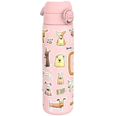 Image of Ion8 Lightweight Steel Water Bottle, 600 ml/20 oz, Non Insulated, Leak Proof, Easy to Open, Secure Lock, Dishwasher Safe, Flip Cover, Fits Cup Holders, Carry Handle, Metal Dogs